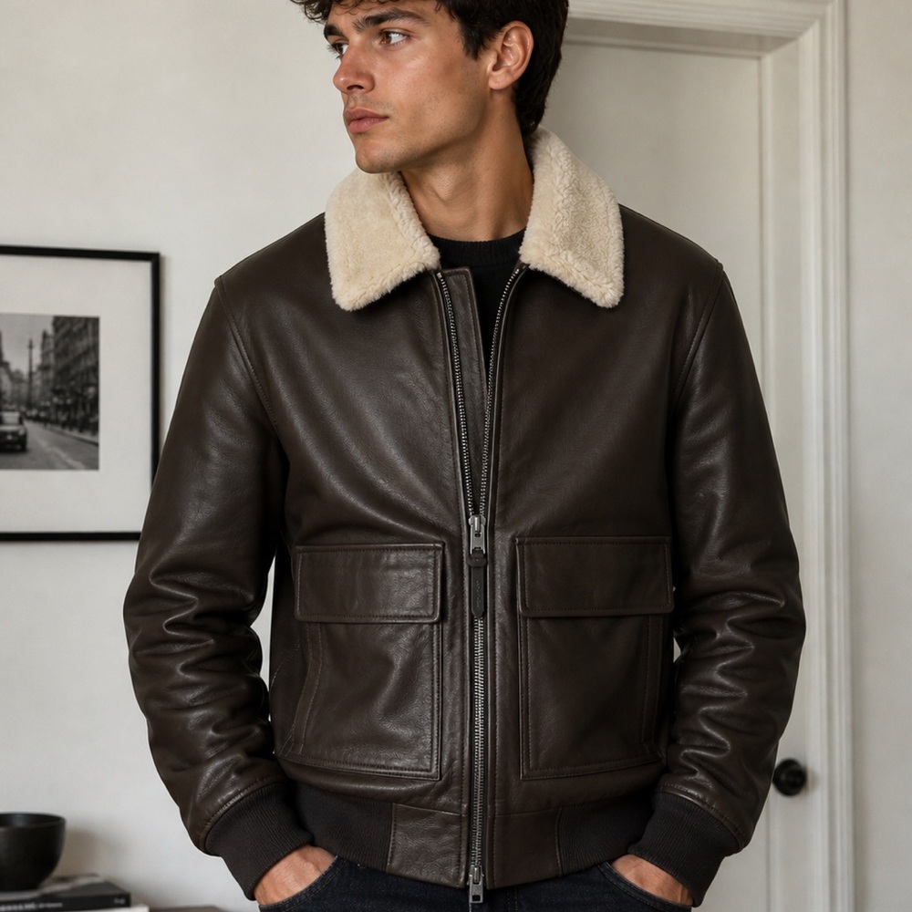 Coach Men’s Leather Flight Jacket With Shearling Collar Sz S CBA18 MSRP $1,198